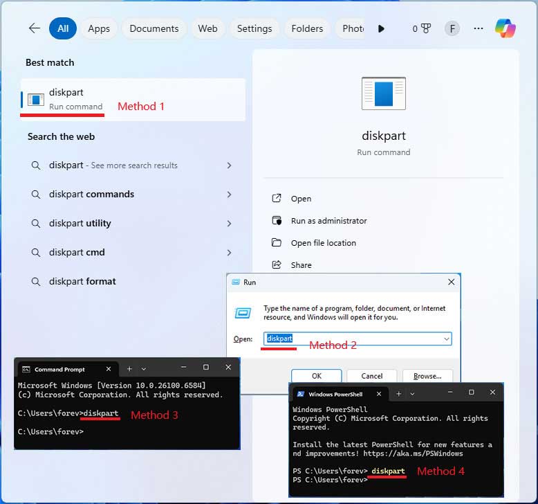 picture showing 4 methods to open DiskPart on Windows 11