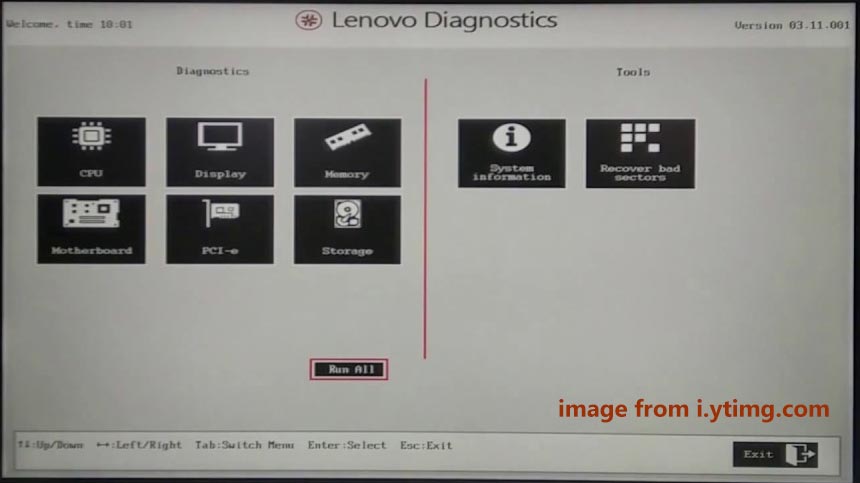 The Lenovo Diagnostics window to run hardware checks.
