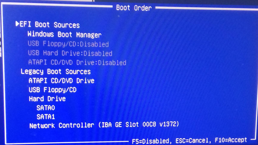 The Boot Order menu showing Windows Boot Manager as the first boot order.