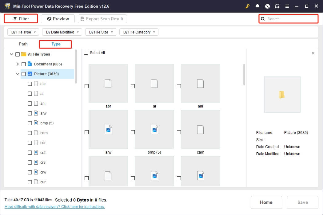 use various features to find files in MiniTool Power Data Recovery