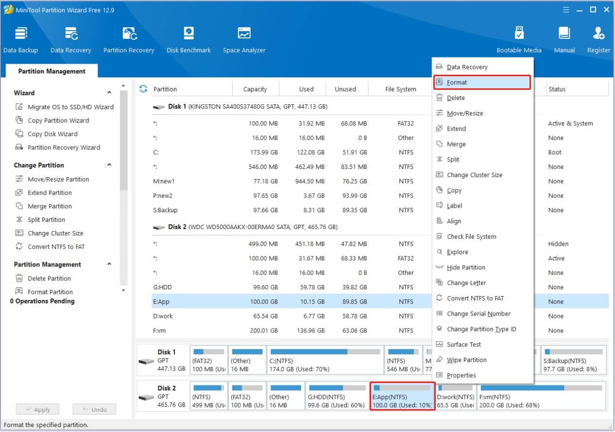 Formatez la partition sélectionnée dans MiniTool Partition Wizard.
