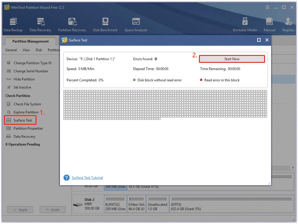 perform a surface test using MiniTool Partition Wizard