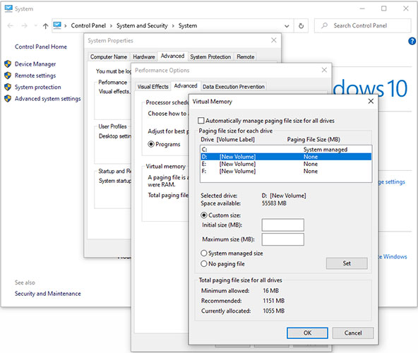 set virtual memory in Windows XP