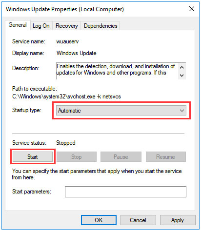 set Startup status as Automatic and click OK