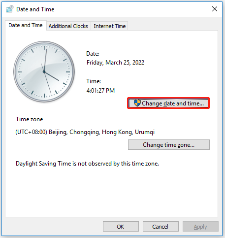Cliquez sur « Modifier la date et l'heure »