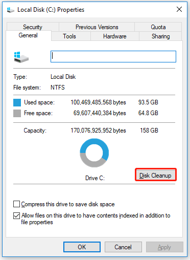 Cliquez sur « Nettoyage de disque »