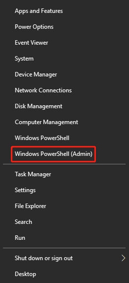 Sélectionnez l'option Windows PowerShell (Admin)