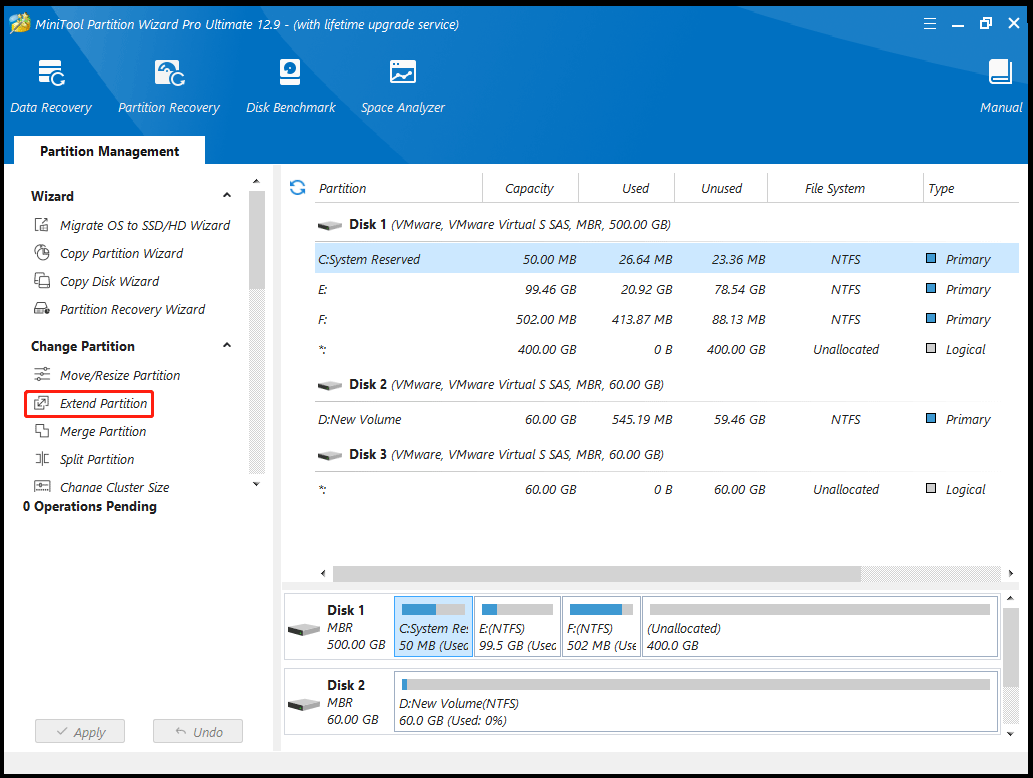 Cliquez sur « Étendre la partition » dans l'assistant de partition MiniTool
