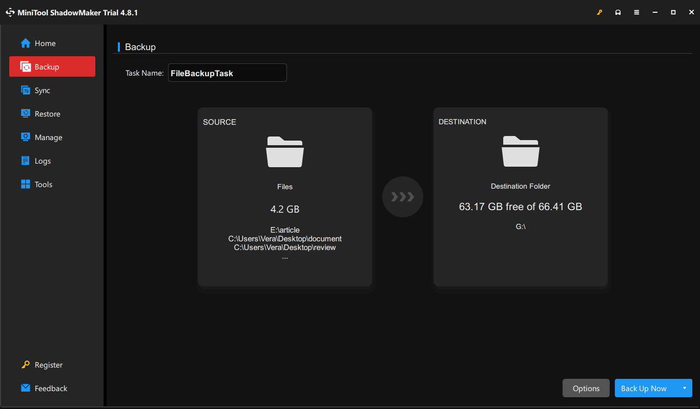 The Backup tab in MiniTool ShadowMaker for local backups.