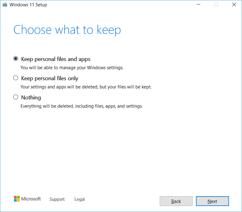 º Escolha o que manter na Instalação do Windows 11