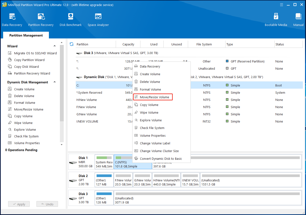 Choisissez le disque C et sélectionnez « Déplacer ou redimensionner le volume » dans Partition Magic