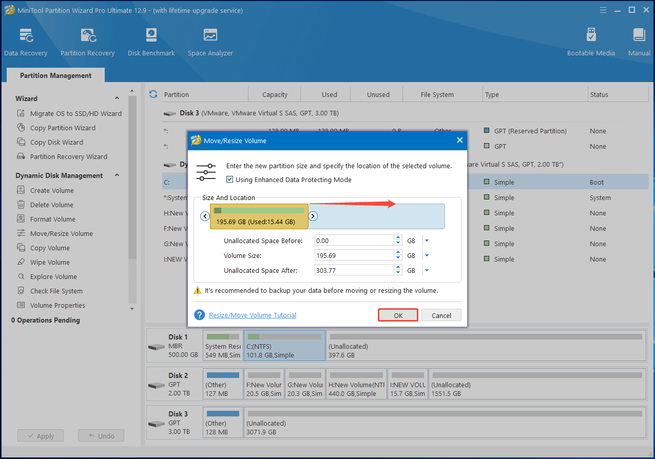 Occupez l'espace non alloué et enregistrez les modifications dans Partition Magic
