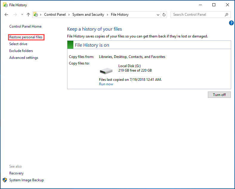 restore personal files using File History