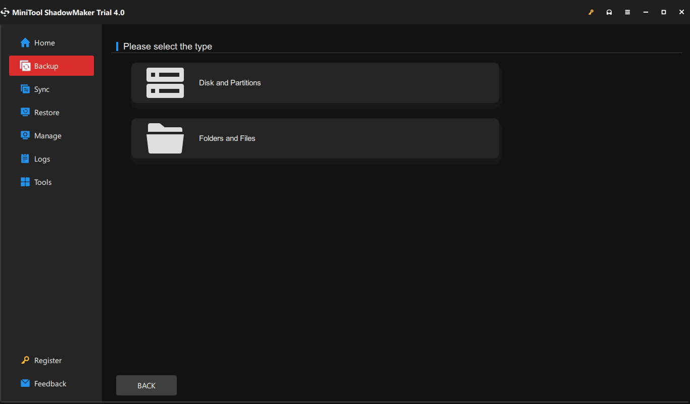 select backup type