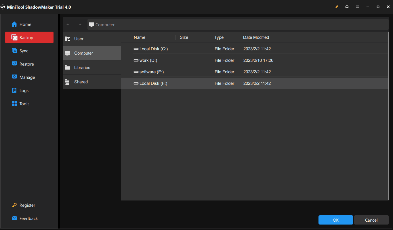 choose an external hard drive to save the backup image