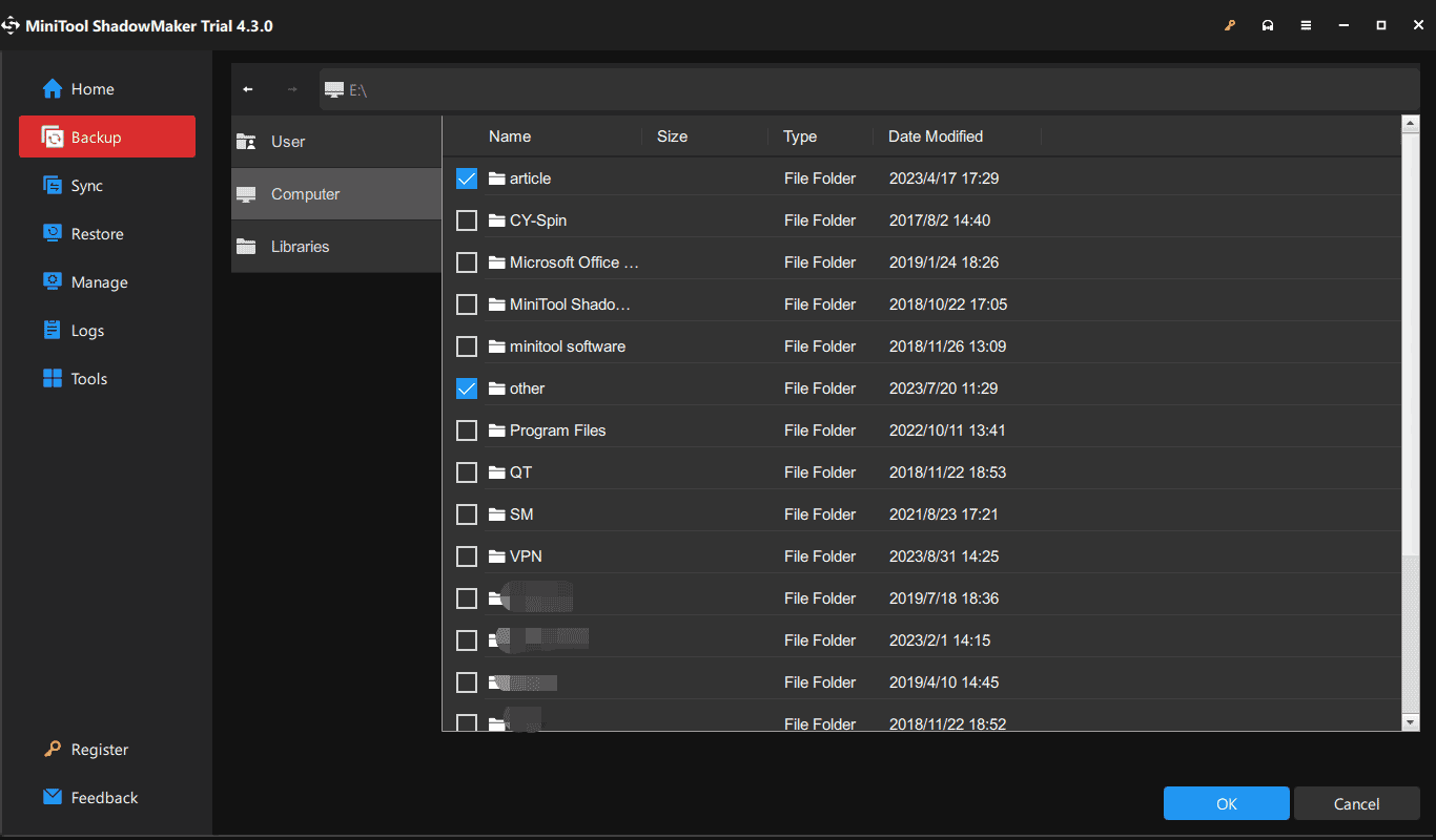 choose documents to backup