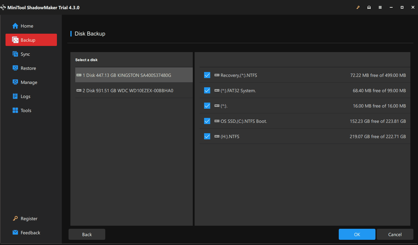 choose disk partitions to back up