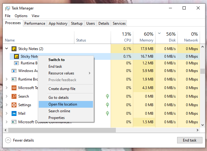 choose to open the file location of Sticky Notes