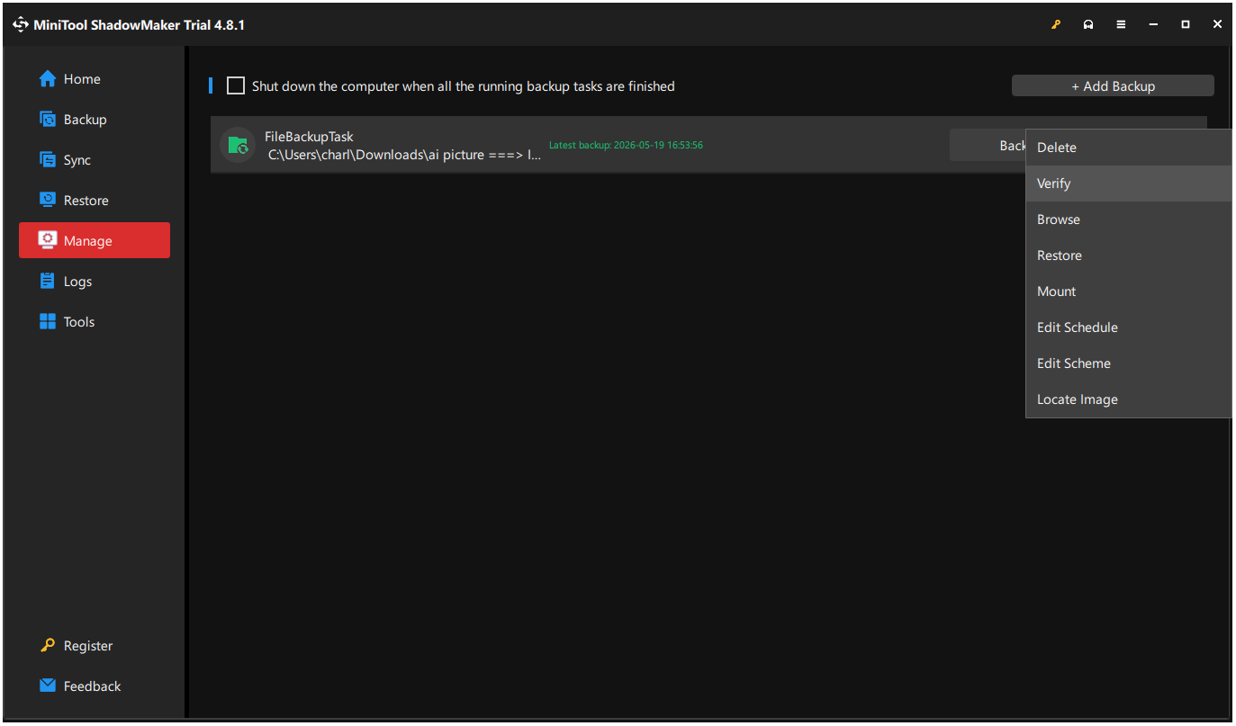 The verify menu of MiniTool ShadowMaker.