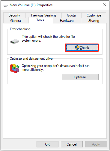 click Check from Error checking