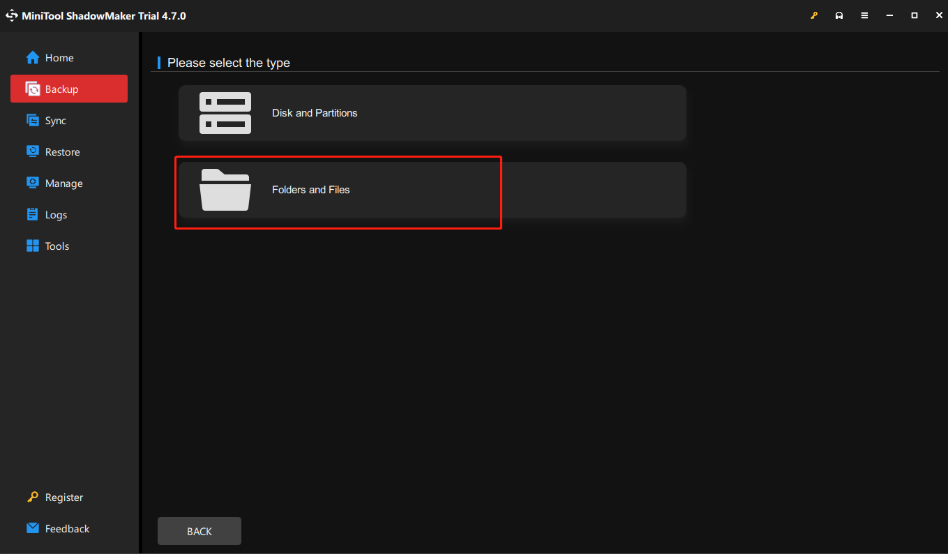 select backup source in Folders and Files