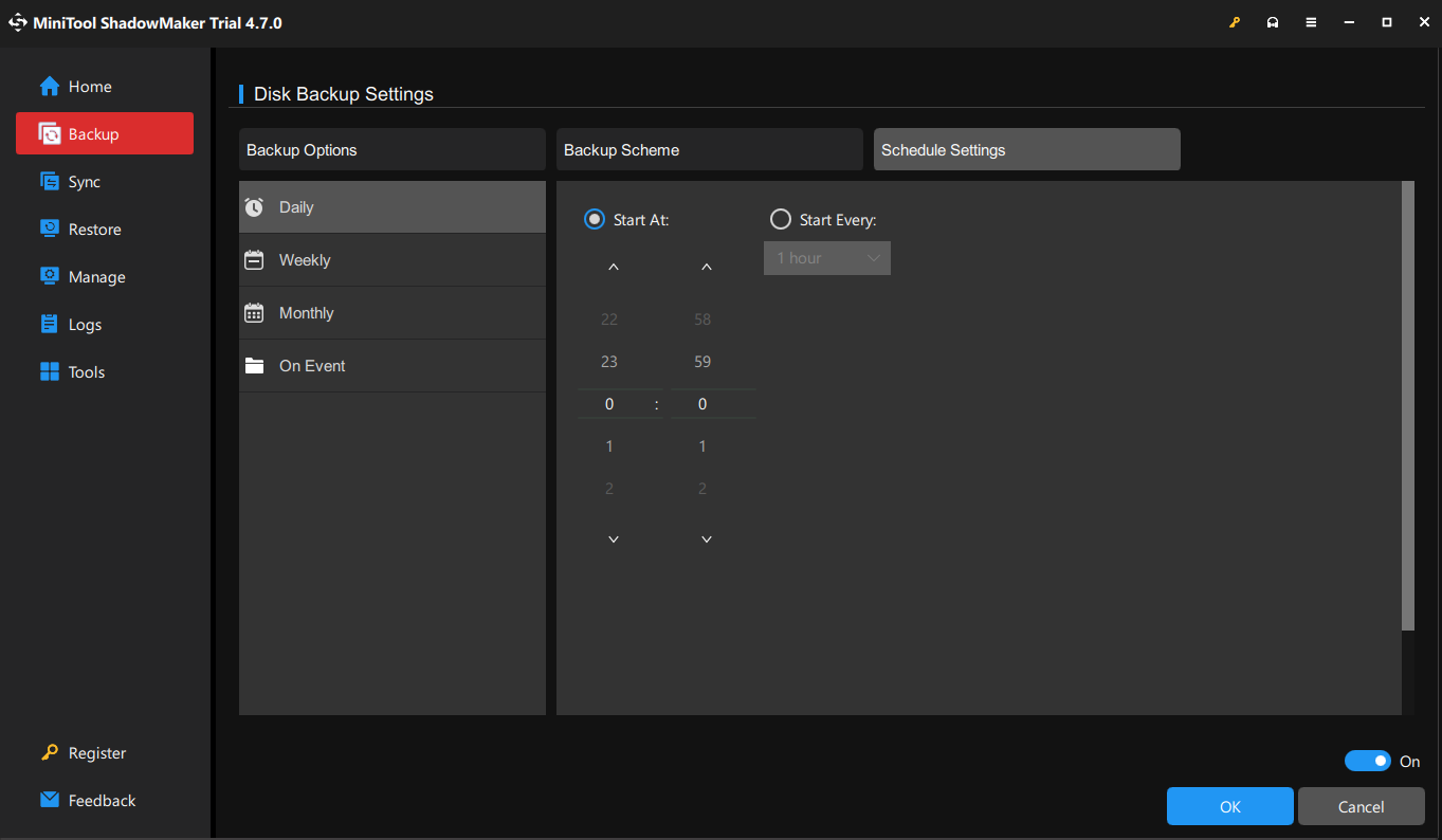 select a specific time for an automatic backup