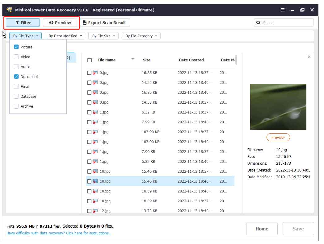 filter and preview files