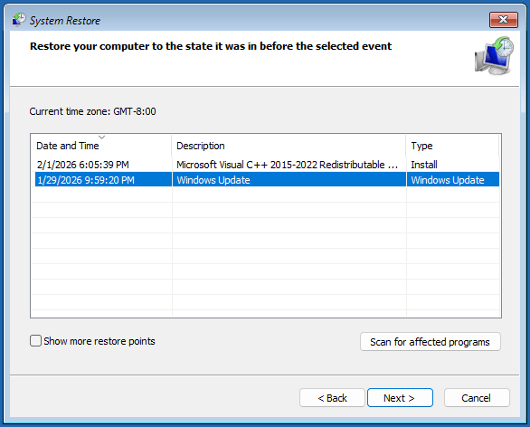 The System Restore window with a selected restore point.
