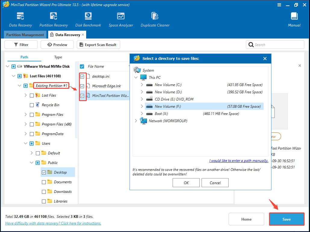 The bootable MiniTool Partition Wizard Data Recovery interface with a window asking you to select a place save the recovered files.