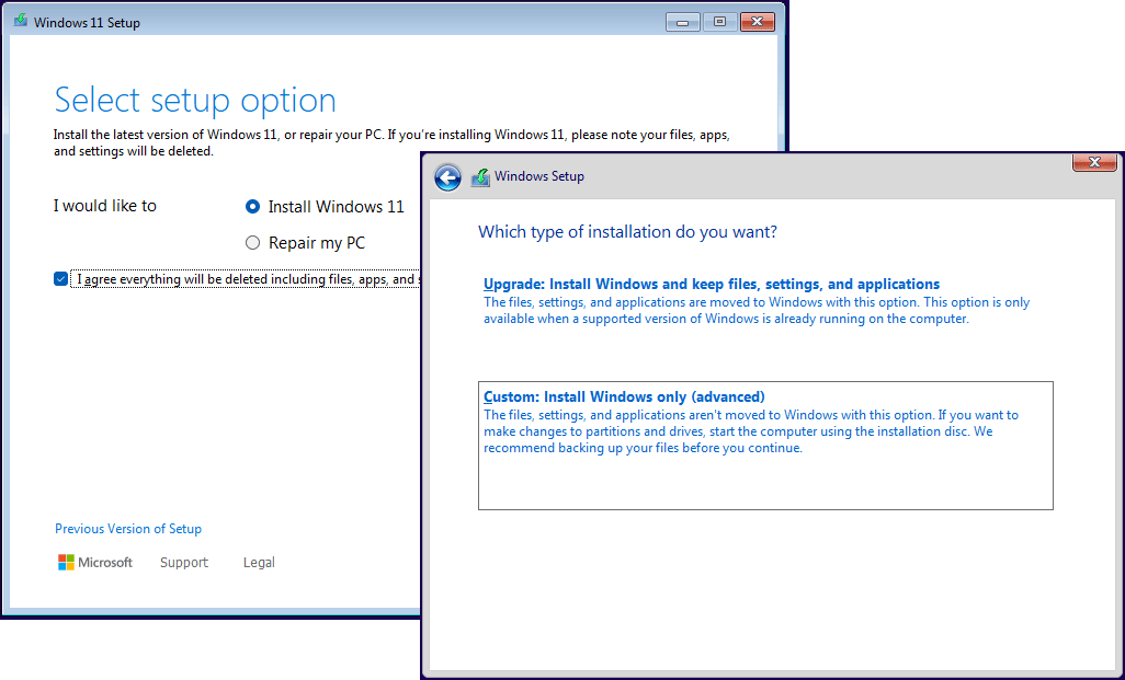 Windows 11 and 10 Setup interfaces with the selected Install Windows 11 and Custom Install Windows only options.