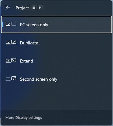 The Windows P Project menu window in Windows 11.