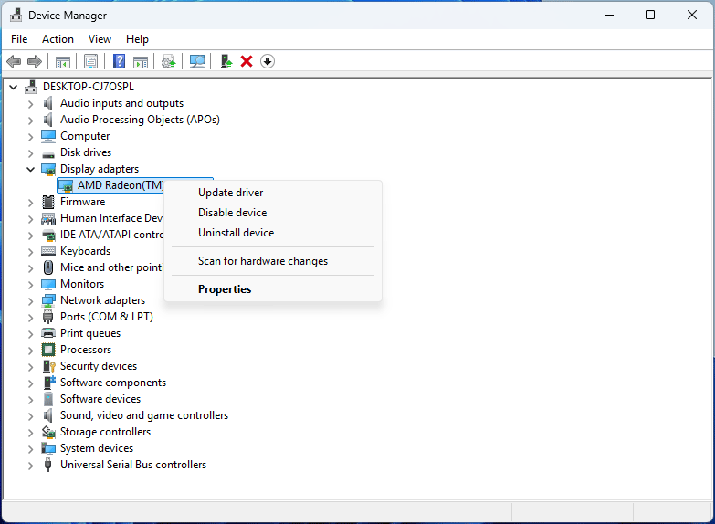 The Device Manager interface with the right click menu of a graphics card.