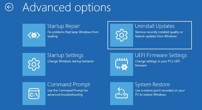 The Advanced options menu in WinRE with the selected Uninstall Updates option.