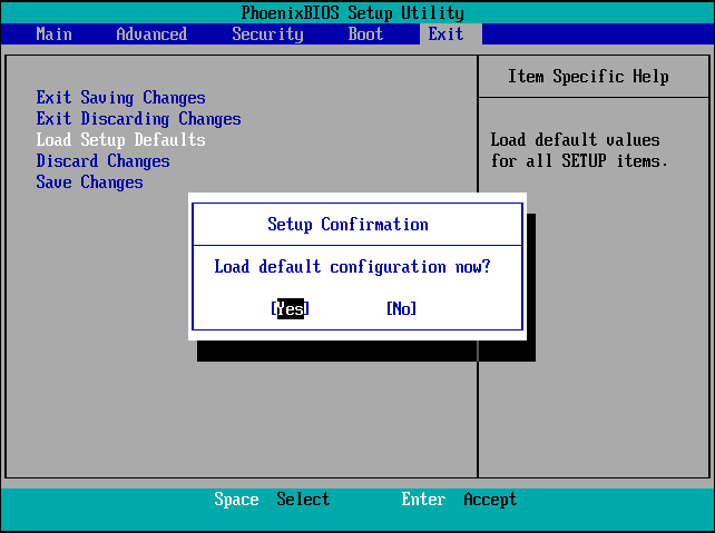 The BIOS interface with the selected Load Setup Defaults option.