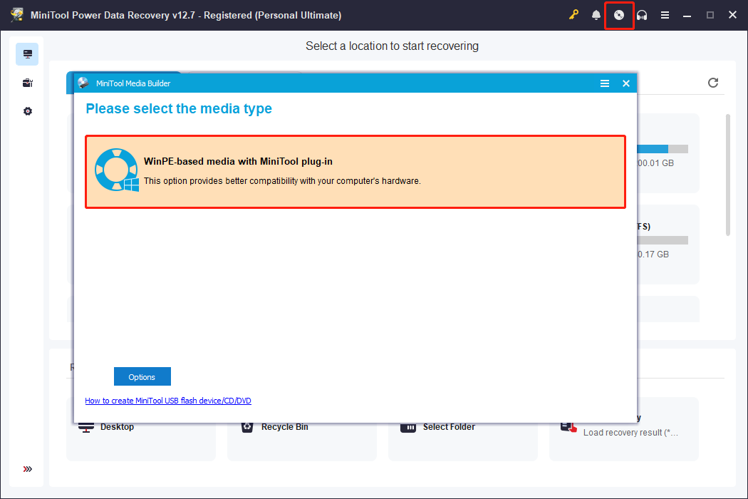 MiniTool Power Data Recovery screen with the Bootable Media Builder icon selected and the media type selection window open.