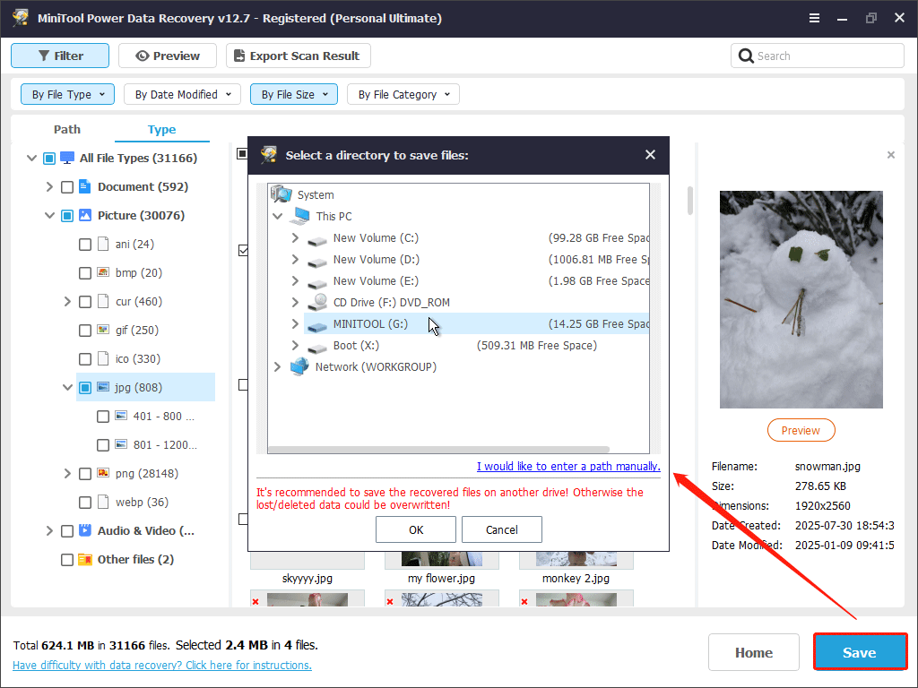 MiniTool Power Data Recovery interface with the Save button selected and the save location window open.