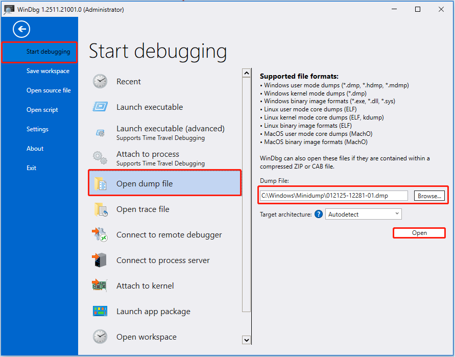 WinDbg open to the Start debugging tab, with the Open dump file option chosen and the Open button highlighted.