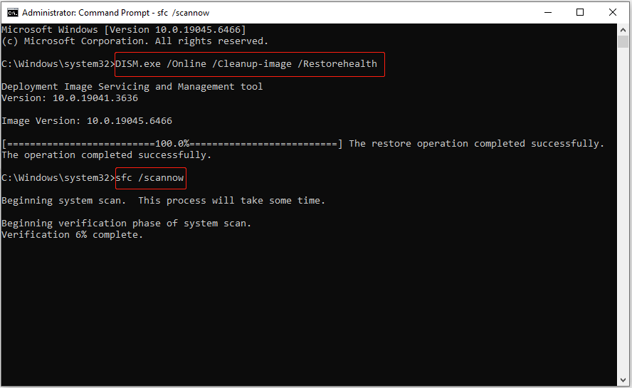 Administrative Command Prompt window displaying the DISM and SFC scanning outcome.