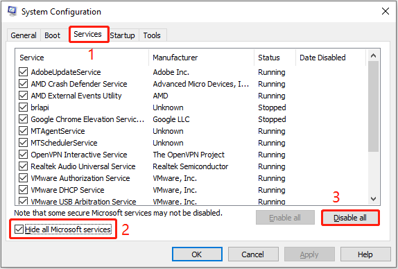 disable all non-Microsoft services from the System Configuration window