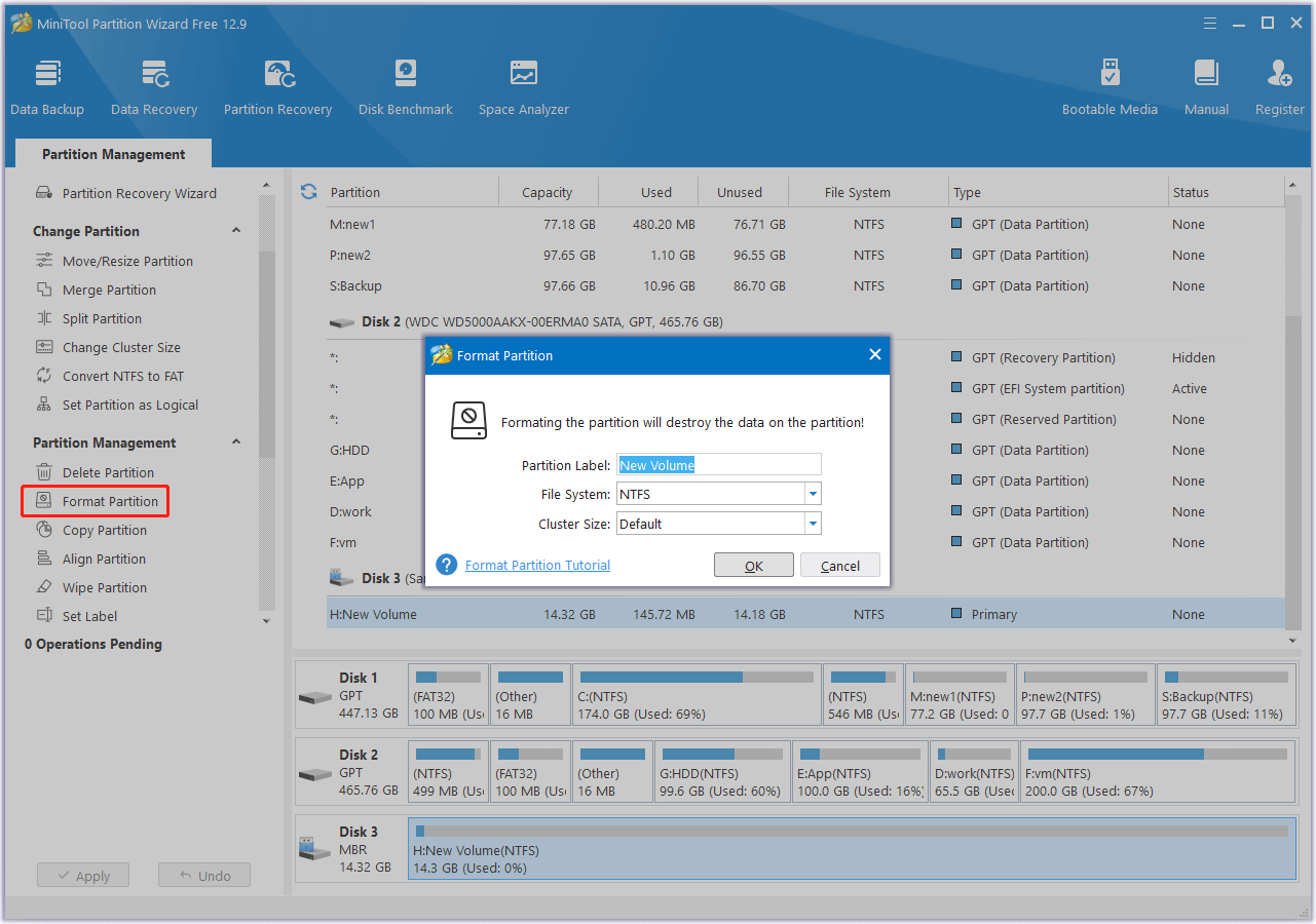 format the disk partition in MiniTool Partition Wizard