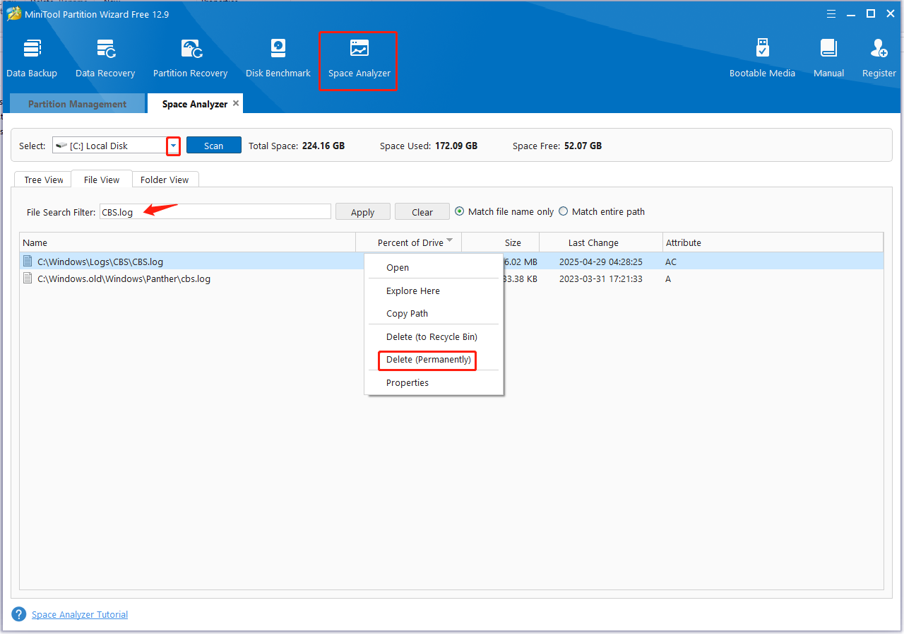delete CBS.log file using Partition Magic