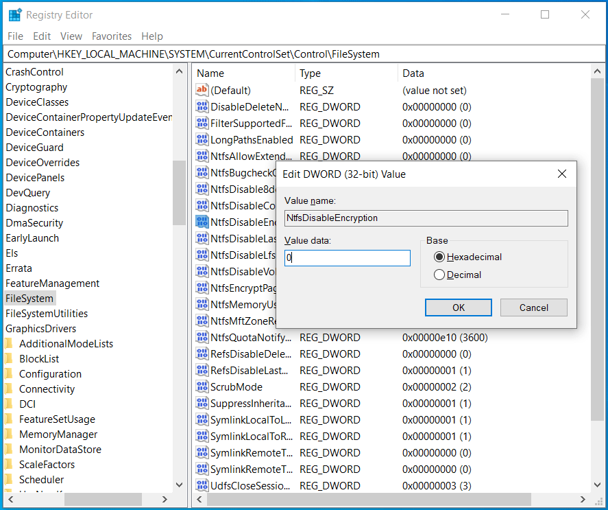 définir NtfsDisableEncryption sur 0