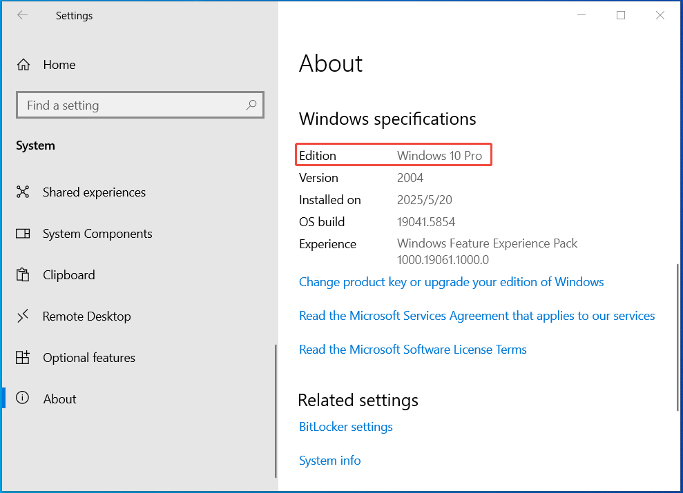 À propos de Windows dans les paramètres