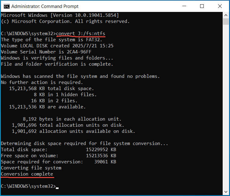 Convertir FAT32 en NTFS dans l'invite de commandes