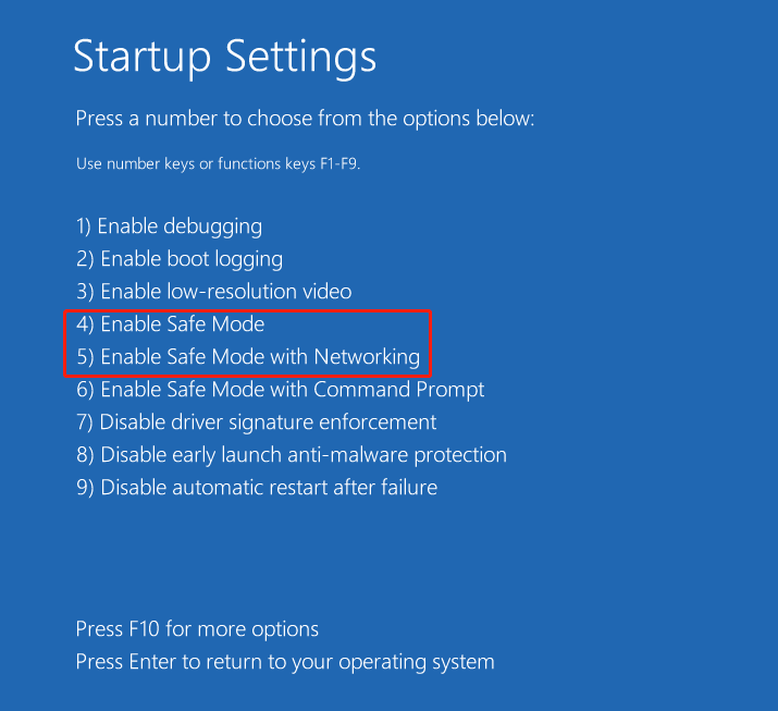 9 startup options in the Startup Settings window