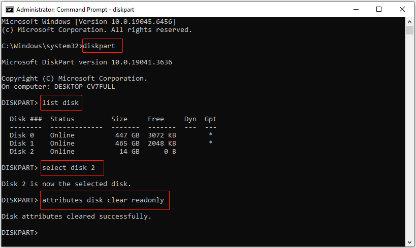 a Command Prompt window displaying commands to clear the read-only attribute for a drive