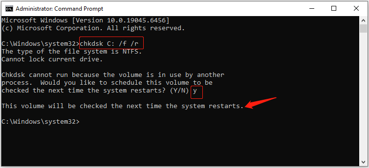 CHKDSK prompt showing the volume is in use and asking to schedule a check on the next restart