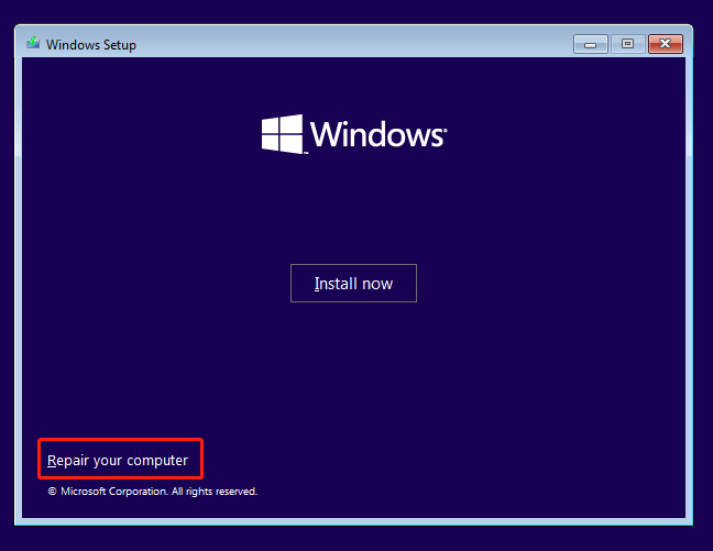 the Windows setup screen with the Repair your computer option