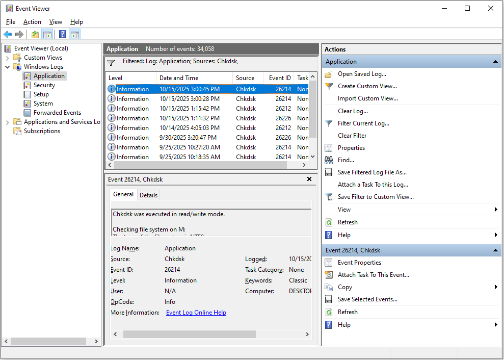 a screenshot displaying all CHKDSK logs in Event Viewer