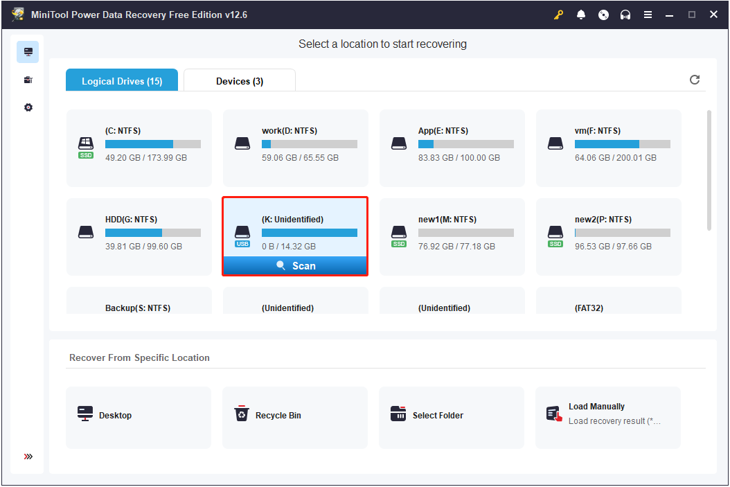 a screenshot displaying all detected disk partitions in MiniTool Power Data Recovery